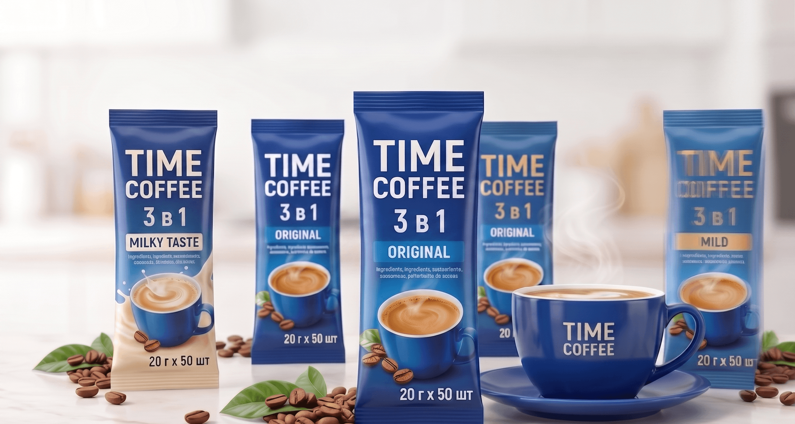 Растворимый кофе 3 в 1 TimeCoffee — чашка и упаковка